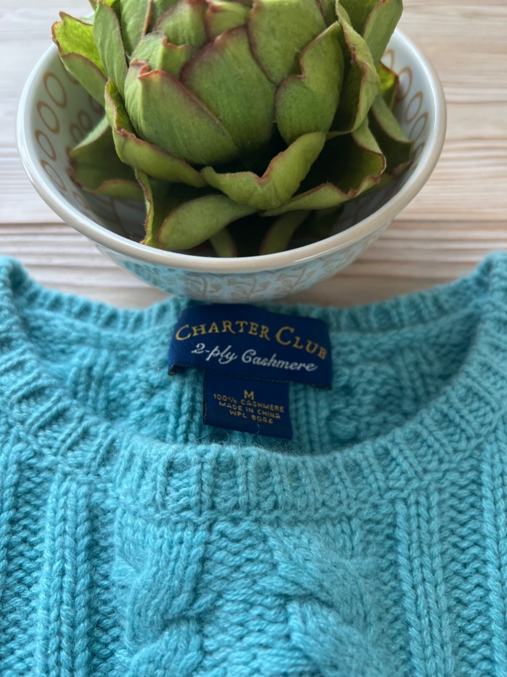 Aqua Cashmere Cable Knit Sweater – Coastal Spring Layer | Size M - Picture 3 of 4